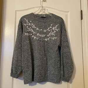 Vintage Personal Gray White Marbled Floral Embroidered Sweater Size L Cottage